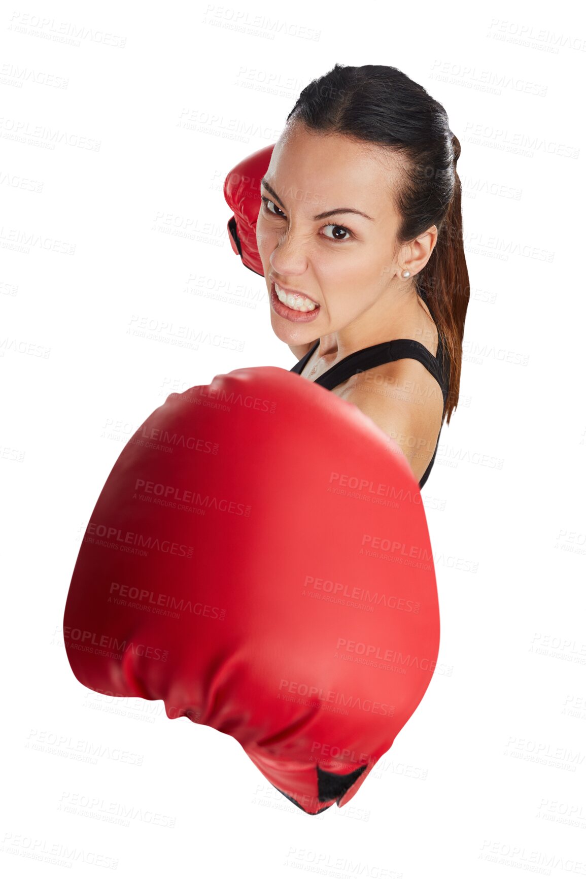 Buy stock photo High angle, angry woman and boxer in portrait isolated on a transparent png background. Sports, boxing and athlete punching for exercise, workout or training for competition, fight or martial arts.