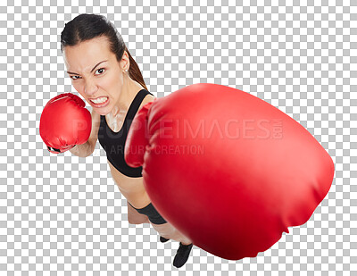 Buy stock photo Boxer, portrait of angry woman and high angle punch isolated on a transparent png background. Sports, boxing and serious athlete exercise, training or challenge for competition, fight or martial arts