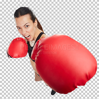 Buy stock photo Boxing, portrait of angry woman and punch from above isolated on a transparent png background. Sports, boxer and female athlete exercise, training or challenge for competition, fight or martial arts.