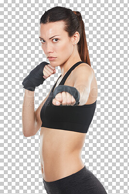 Buy stock photo Training, woman in boxing and portrait with fist, punch or athlete ready for workout, exercise or fight on transparent, isolated or png background. Kickboxing, fighting or sports competition