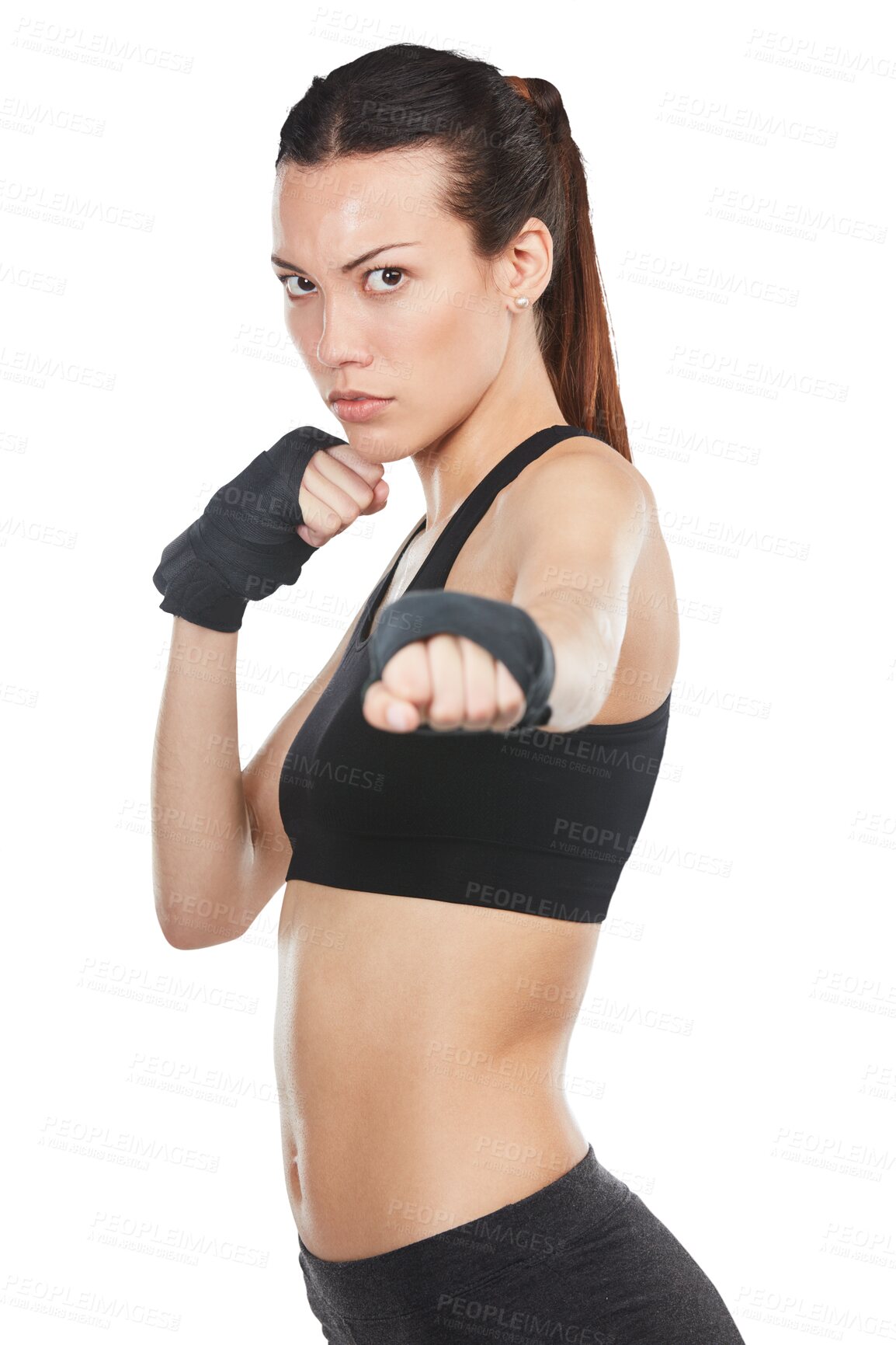 Buy stock photo Training, woman in boxing and portrait with fist, punch or athlete ready for workout, exercise or fight on transparent, isolated or png background. Kickboxing, fighting or sports competition