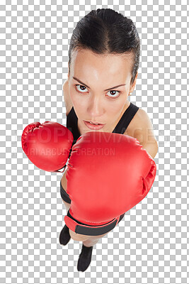 Buy stock photo High angle, portrait of woman and boxer isolated on a transparent png background. Face, boxing and serious athlete ready to start exercise, workout or training for competition, fight or martial arts.