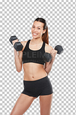 Buy stock photo Isolated body builder woman, dumbbells and portrait with smile, fitness and transparent png background. Young bodybuilder girl, personal trainer and weightlifting for training, exercise or workout