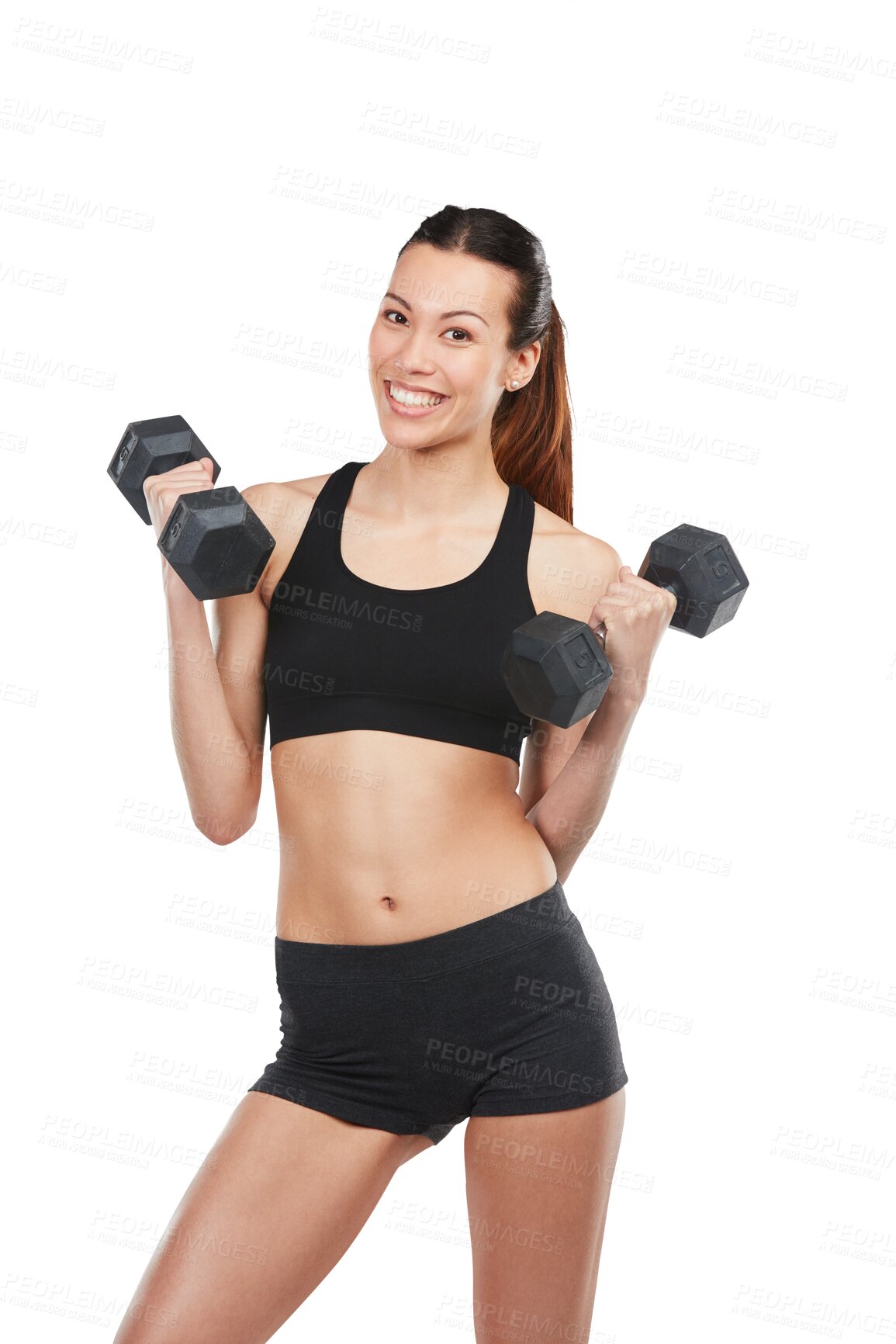 Buy stock photo Isolated body builder woman, dumbbells and portrait with smile, fitness and transparent png background. Young bodybuilder girl, personal trainer and weightlifting for training, exercise or workout