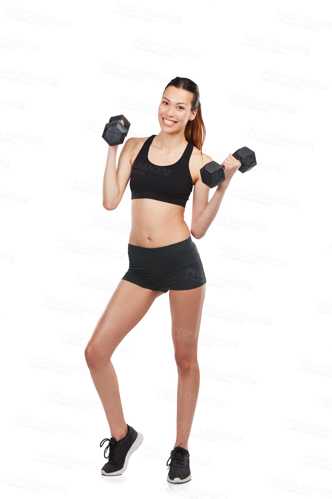 Buy stock photo Isolated bodybuilder woman, dumbbells and portrait with smile, fitness and transparent png background. Young body builder girl, personal trainer and weightlifting for training, exercise or workout