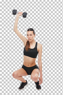 Buy stock photo Fitness, dumbbell and body with a sports woman isolated on a transparent background for health. Exercise, workout or training with a young and strong female bodybuilder lifting weights on PNG