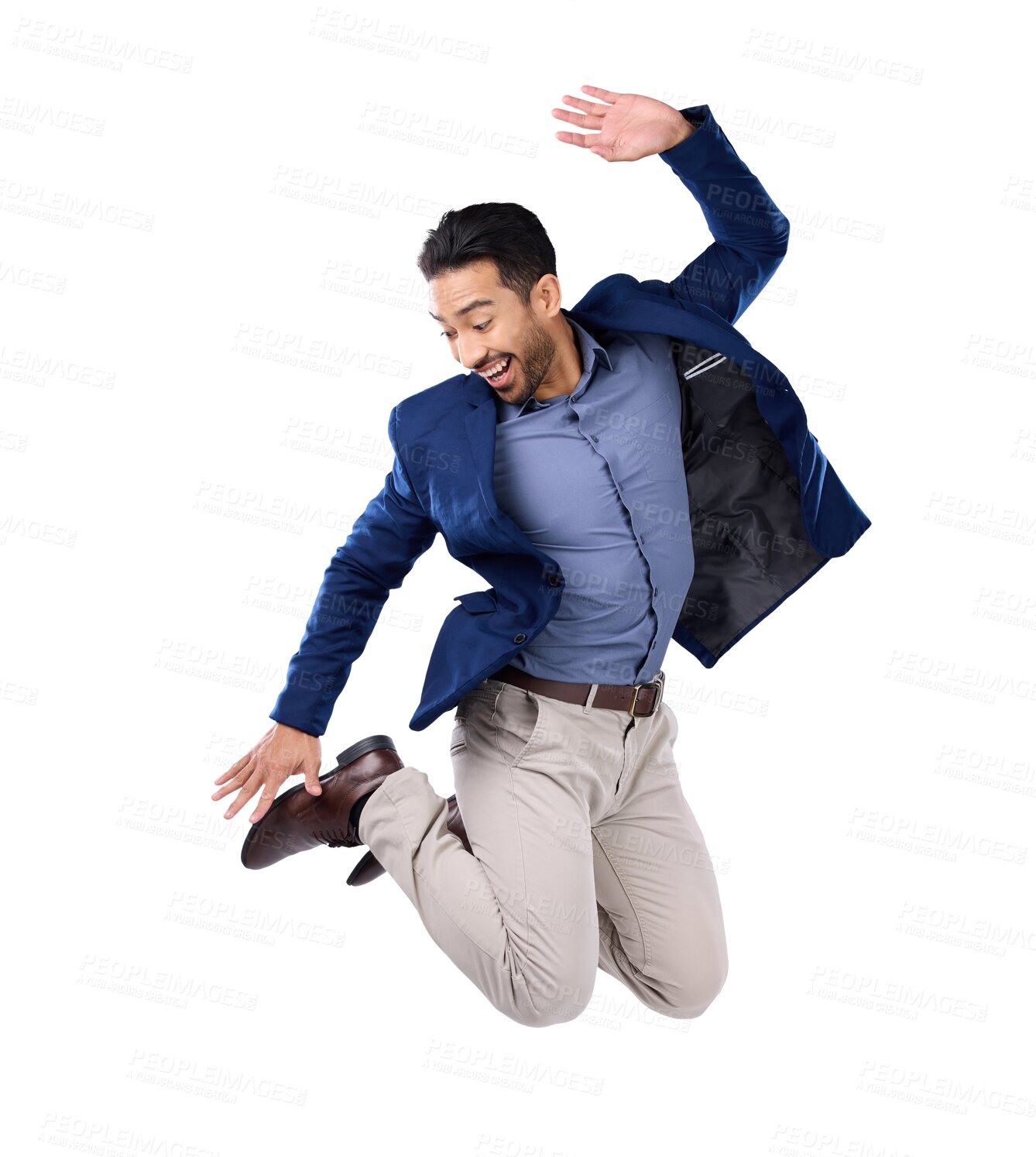 Buy stock photo Energy, success and a business man jumping isolated on a transparent background in celebration of achievement. Freedom, motivation and winner with an excited male employee in a corporate suit on PNG