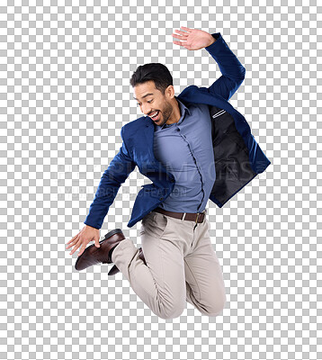 Businessman, excited and jumping in studio with happy smile with winning expression on white background. Freedom, success and jump, Indian man with energy and motivation in celebration of winner deal