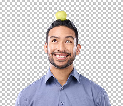 Buy stock photo Happy man, apple on head and balance nutrition, health and fruit isolated on transparent png background. Lose weight, diet and male person smile for vegan life, benefits of healthy food and wellness