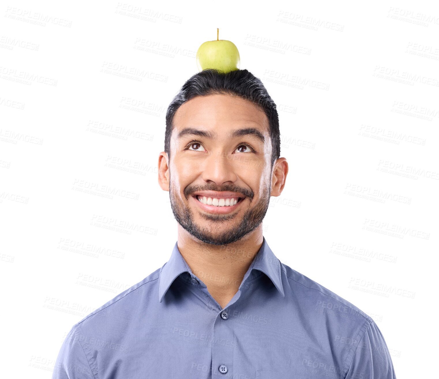 Buy stock photo Happy man, apple on head and balance nutrition, health and fruit isolated on transparent png background. Lose weight, diet and male person smile for vegan life, benefits of healthy food and wellness