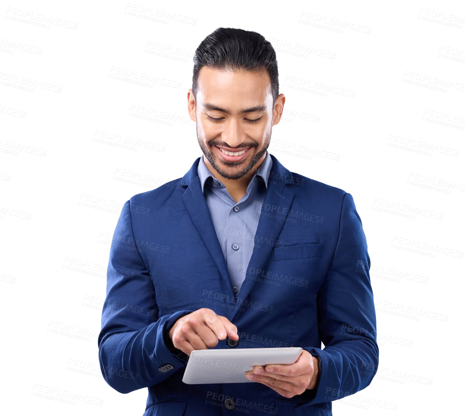 Buy stock photo Tablet, corporate and planning with a business man isolated on a transparent background for information technology. Internet, research and networking with a happy young male employee searching on PNG