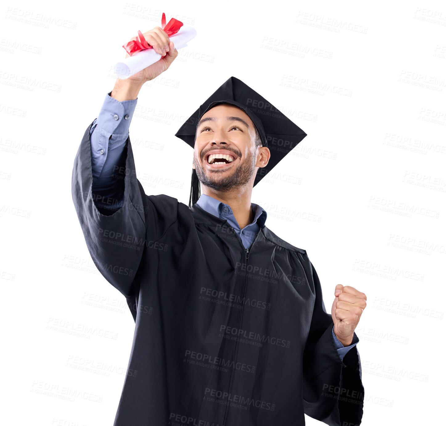 Buy stock photo Graduation, education and celebration with a student man isolated on transparent background holding a certificate. Winner, success and motivation with a young male university graduate cheering on PNG