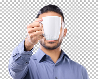 Buy stock photo Hand, business and man with coffee cup, drink and employee isolated against a transparent background. Zoom, male person or consultant with a mug, cappuccino and to start the morning, health and png