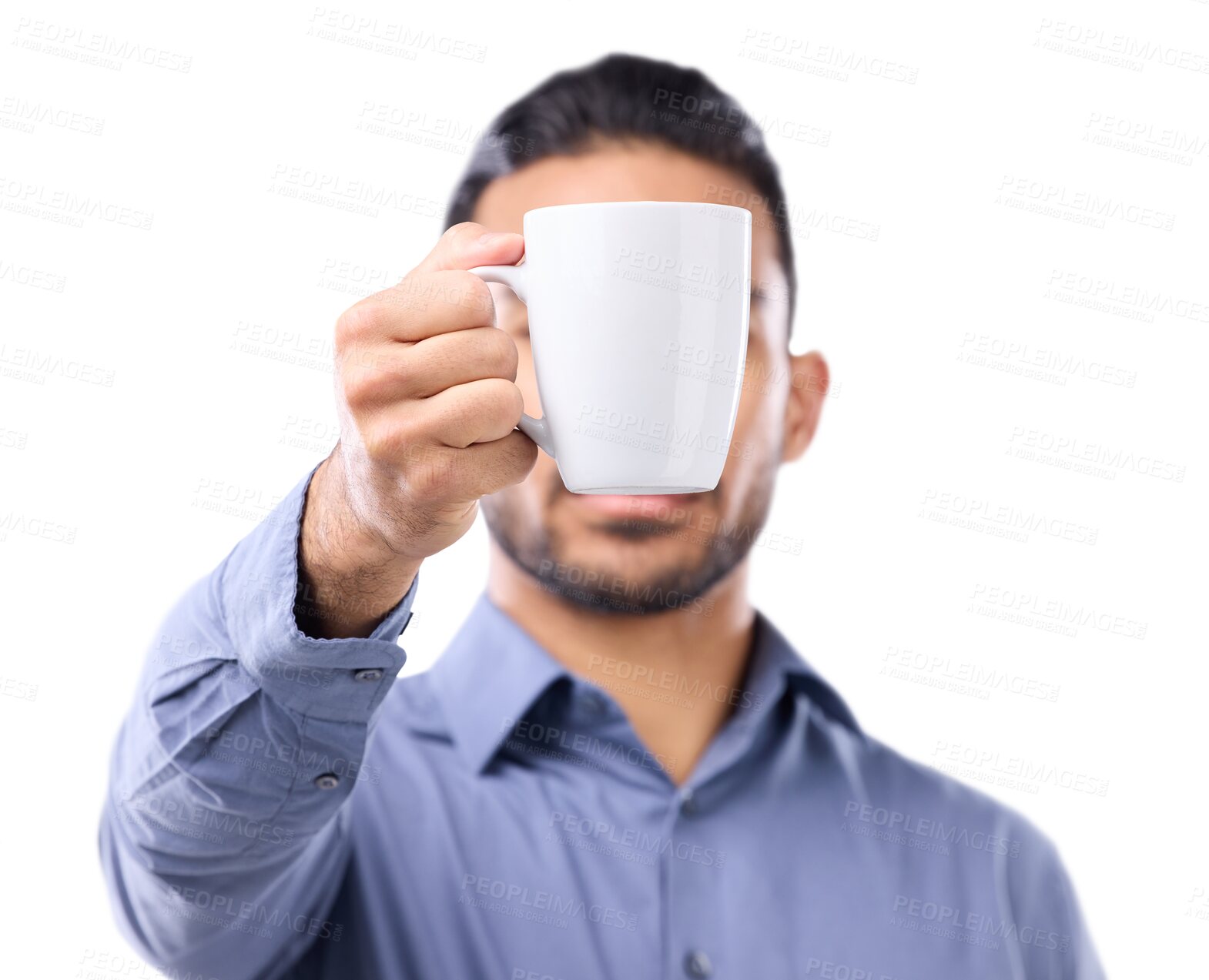 Buy stock photo Hand, business and man with coffee cup, drink and employee isolated against a transparent background. Zoom, male person or consultant with a mug, cappuccino and to start the morning, health and png