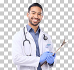 Portrait, doctor and man with clipboard, healthcare and happines