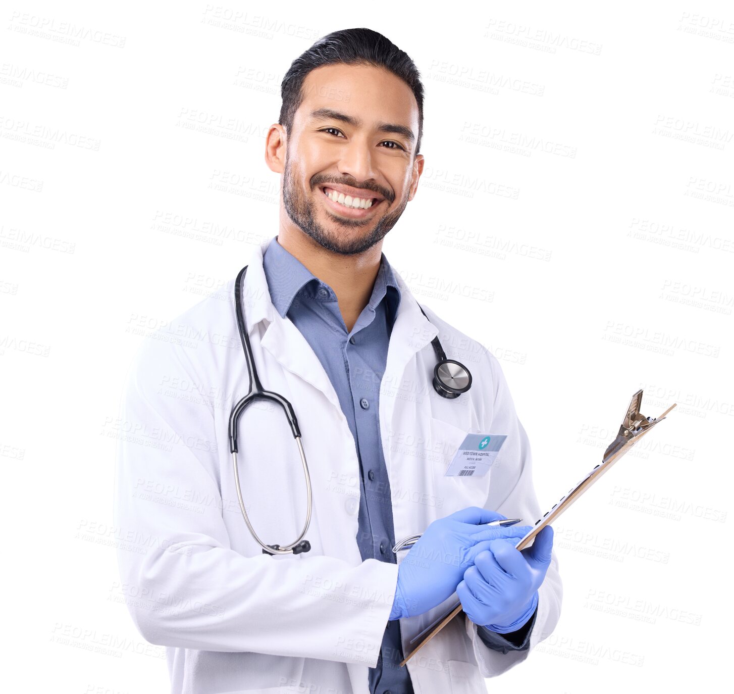 Buy stock photo Doctor, clipboard and man with list and health insurance documents in portrait isolated on transparent png background. Male physician, medical policy paperwork and smile with healthcare and service