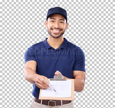 Buy stock photo Delivery man, portrait and clipboard to sign, logistics and shipping service isolated on transparent png background. Mail, post and supplier, distribution industry and ecommerce with male employee