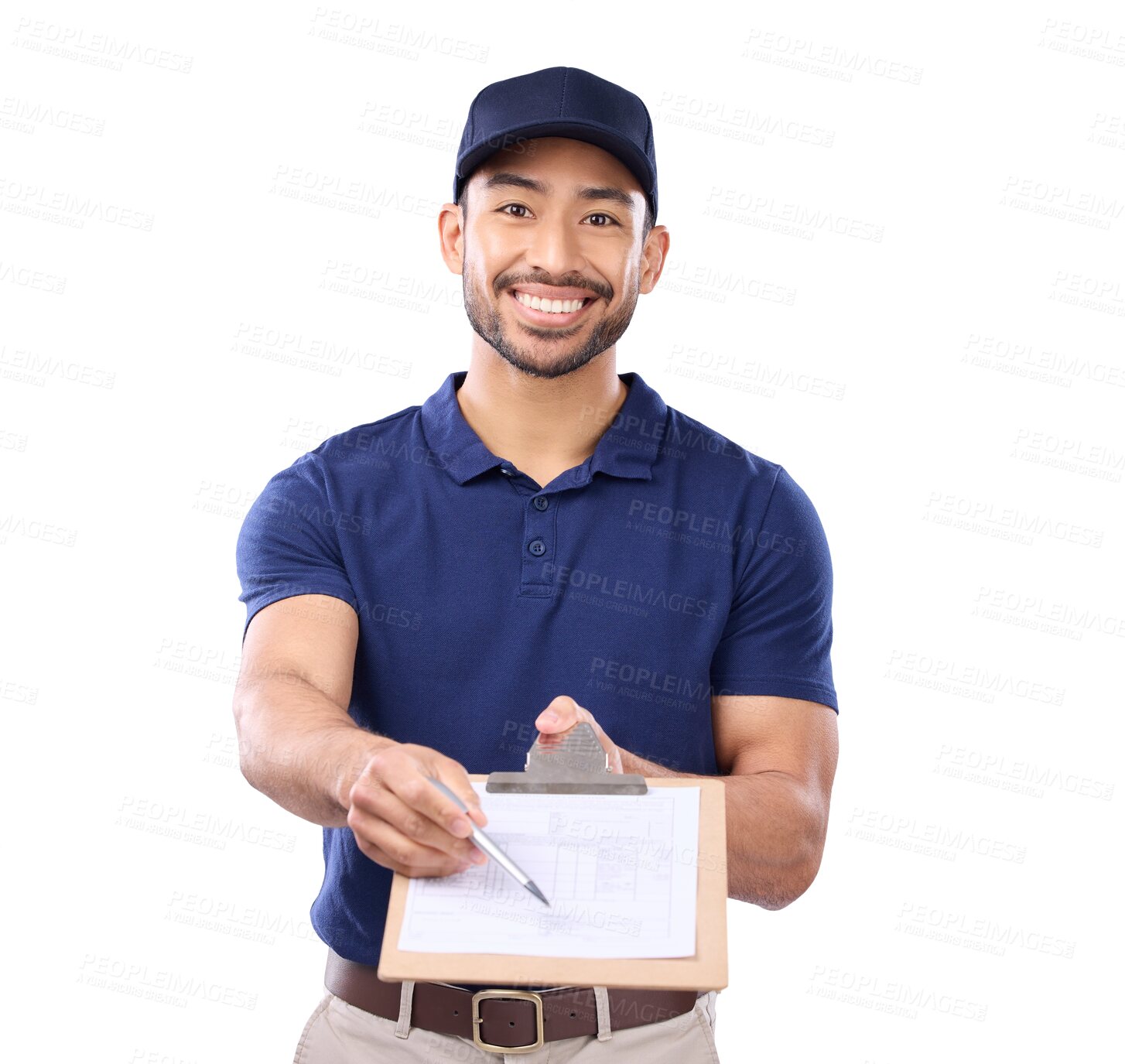 Buy stock photo Delivery man, portrait and clipboard to sign, logistics and shipping service isolated on transparent png background. Mail, post and supplier, distribution industry and ecommerce with male employee