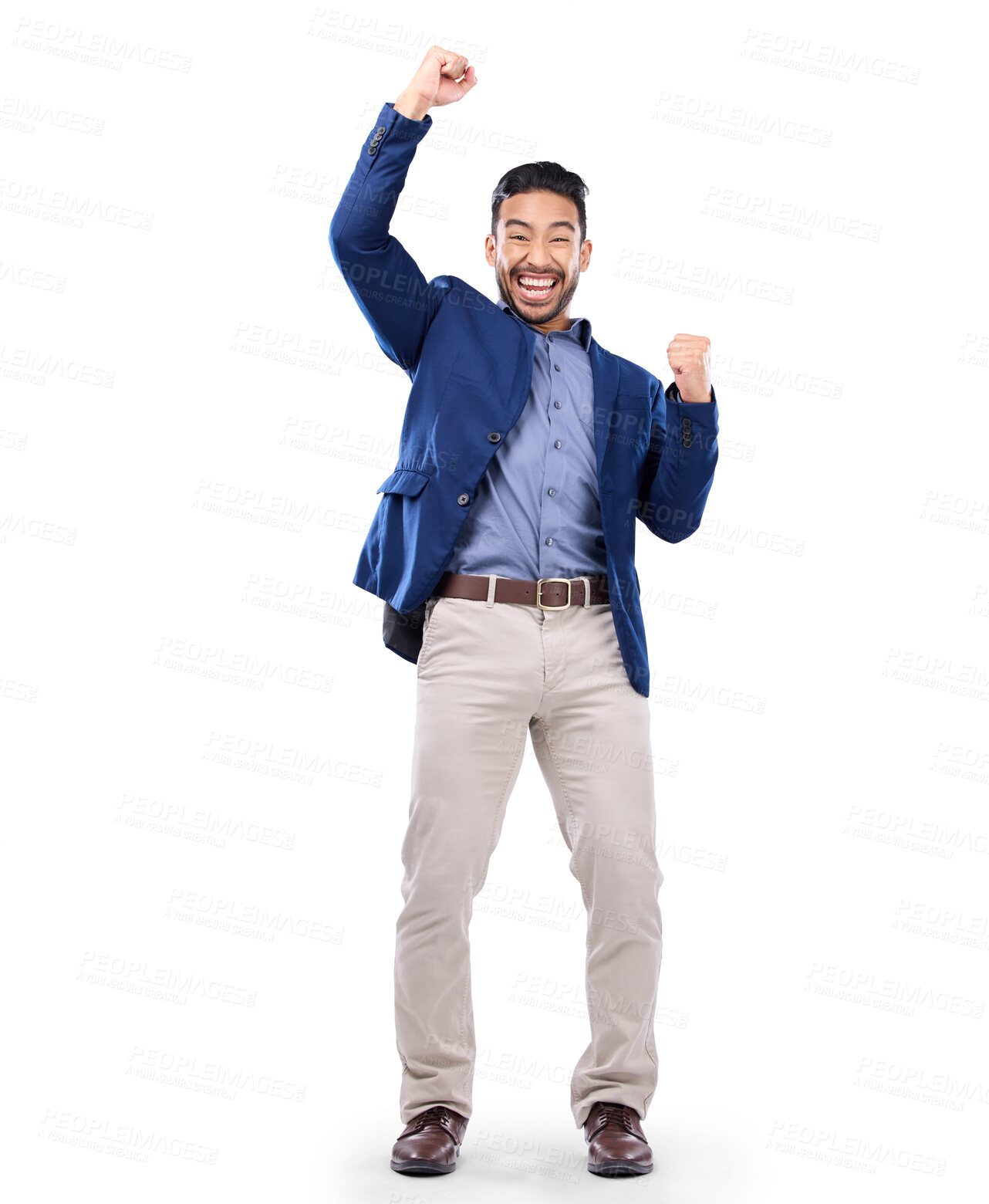 Buy stock photo Celebrate, excited and a business man with success, achievement and good news. Winner, promotion and happy professional male person portrait with fist isolated on a transparent, png background