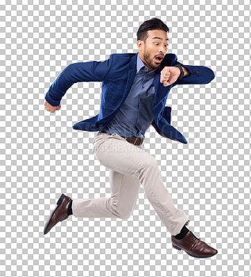 Wristwatch, jump and Asian man late, appointment and employee against a grey studio background. Male manager, consultant and employee with schedule, deadline and stress with clock, jump and movement