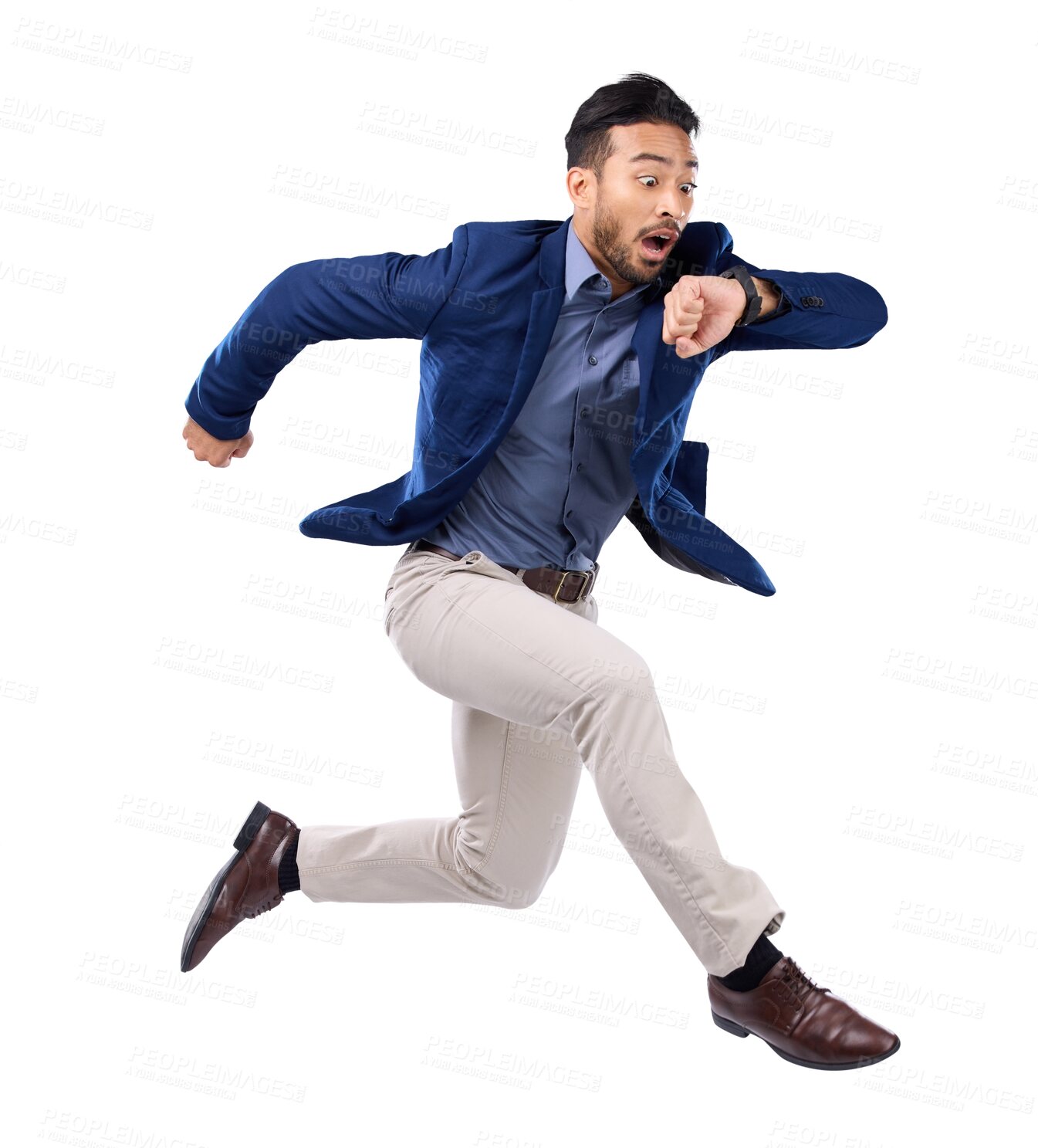 Buy stock photo Wristwatch, jump and Asian man late, time or consultant isolated on a transparent background. Male person, entrepreneur or employee with schedule, appointment or stress with clock, jumping or png