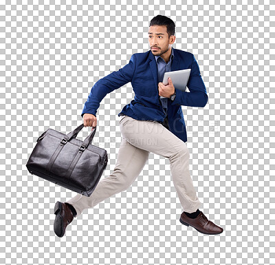 Buy stock photo Isolated business man, bag and jump with speed, late for work and run by transparent png background. Young businessman, travel case and running fast for job, deadline and worry in rush to workplace