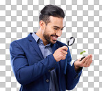 Man, business growth and plant in studio with magnifying glass for inspection, analysis or happy by background. Businessman, plants and hand with zoom, sustainability and startup company performance