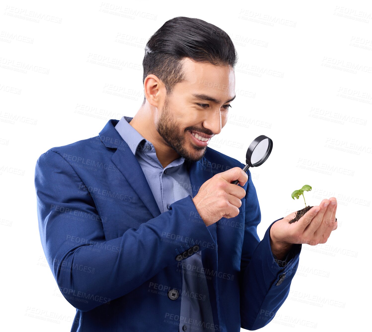 Buy stock photo Man, magnifying glass and plant growth with inspection, check and ecology isolated on transparent png background. Search, investigation and knowledge, sustainability and investment with male employee