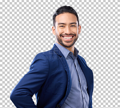 Buy stock photo Portrait, lawyer and Asian business man isolated on a transparent png background. Face, professional and smile of happy attorney from Singapore with confidence, pride in law career and corporate job.