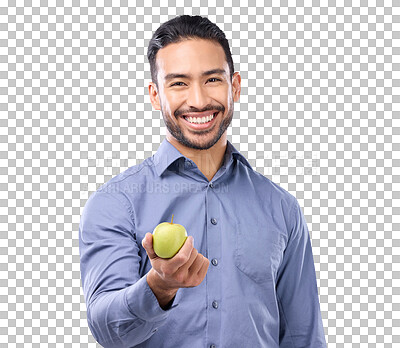 Apple, studio portrait and man happy with product for weight loss diet, healthcare lifestyle or body detox. Wellness food, nutritionist person and male vegan giving fruit isolated on gray background