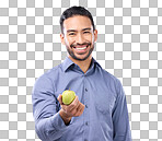 Apple, studio portrait and man happy with product for weight loss diet, healthcare lifestyle or body detox. Wellness food, nutritionist person and male vegan giving fruit isolated on gray background