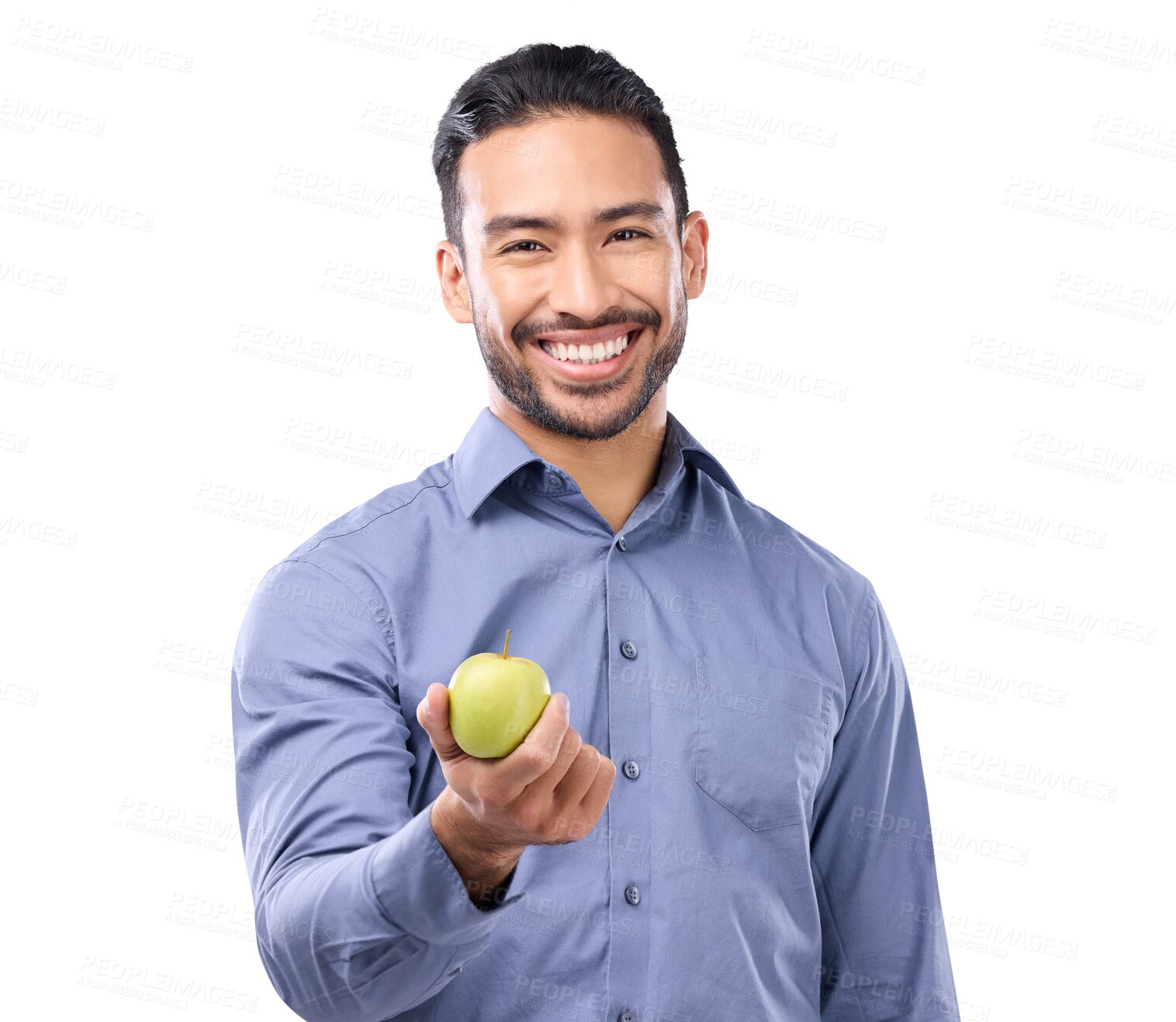 Buy stock photo Man with apple, health and fruit with nutrition in portrait, organic product isolated on transparent png background. Lose weight, diet and happy male person, vegan and healthy food with wellness