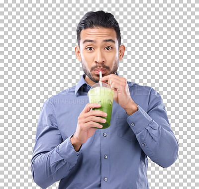 Buy stock photo Business man, portrait and detox smoothie by transparent png background, healthy and isolated with drink. Young businessman, liquid diet and nutrition with organic cocktail, juice and supplement