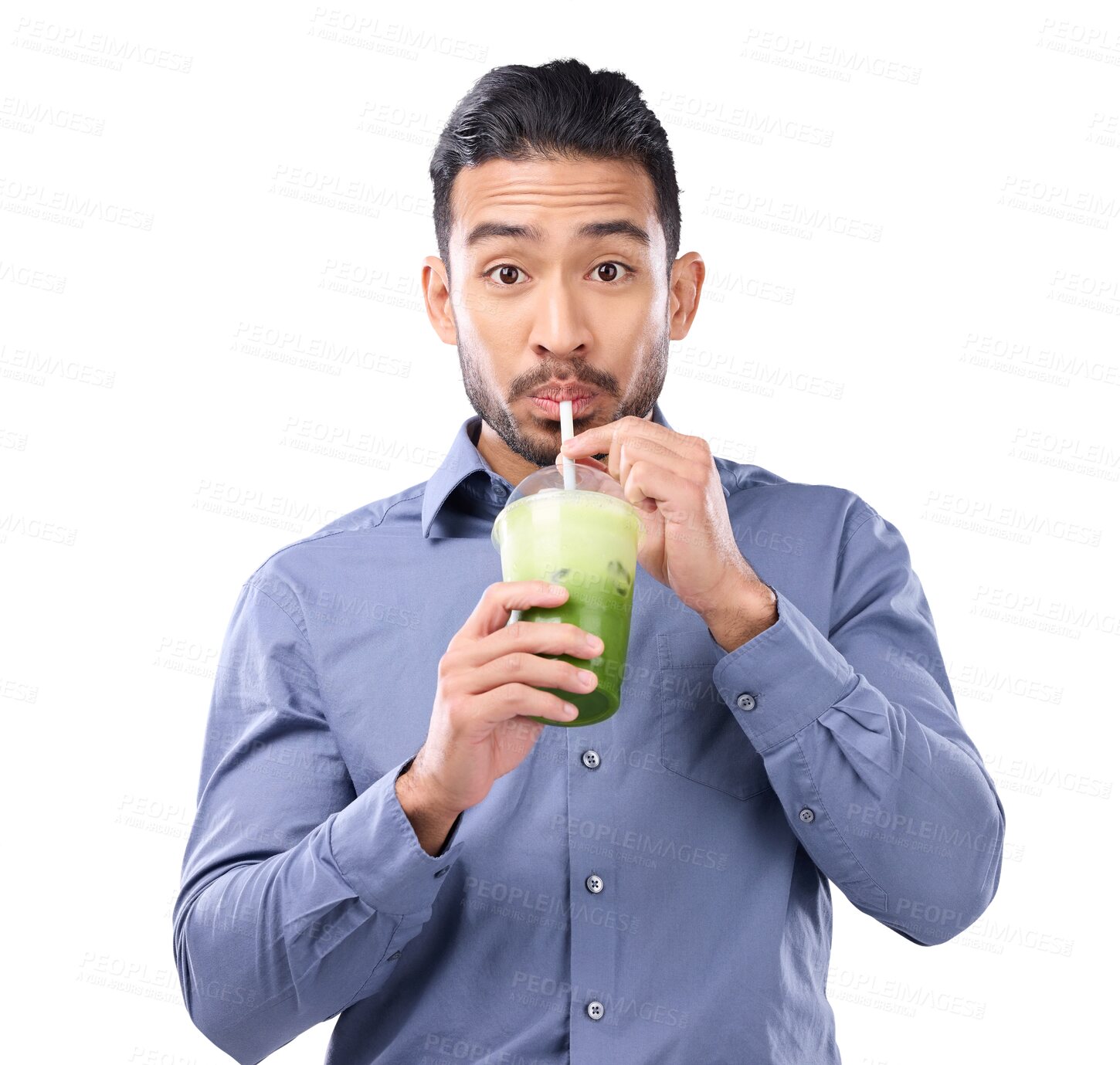 Buy stock photo Business man, portrait and detox smoothie by transparent png background, healthy and isolated with drink. Young businessman, liquid diet and nutrition with organic cocktail, juice and supplement