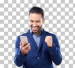 Business man, phone and celebrate success in studio for winning,