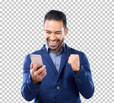 Buy stock photo Winner, business man and phone for success, bonus or news of profit, sales and opportunity or achievement. Happy, excited asian person winning and yes on mobile isolated on transparent png background