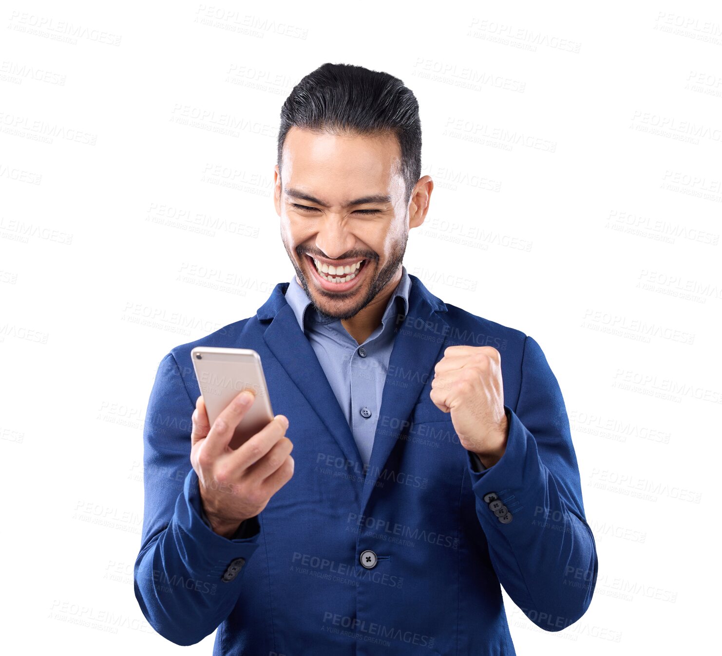 Buy stock photo Winner, business man and phone for success, bonus or news of profit, sales and opportunity or achievement. Happy, excited asian person winning and yes on mobile isolated on transparent png background