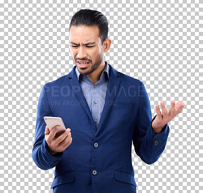 Buy stock photo Business man, phone and confused or frustrated with notification, internet or mobile app. Angry asian male person with smartphone glitch, problem or fraud isolated on a transparent, png background