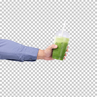 Buy stock photo Green, juice in hand and takeaway cup with plastic, healthy drink and diet isolated on png transparent background. Smoothie, detox beverage and nutrition, person with vegan lifestyle and wellness