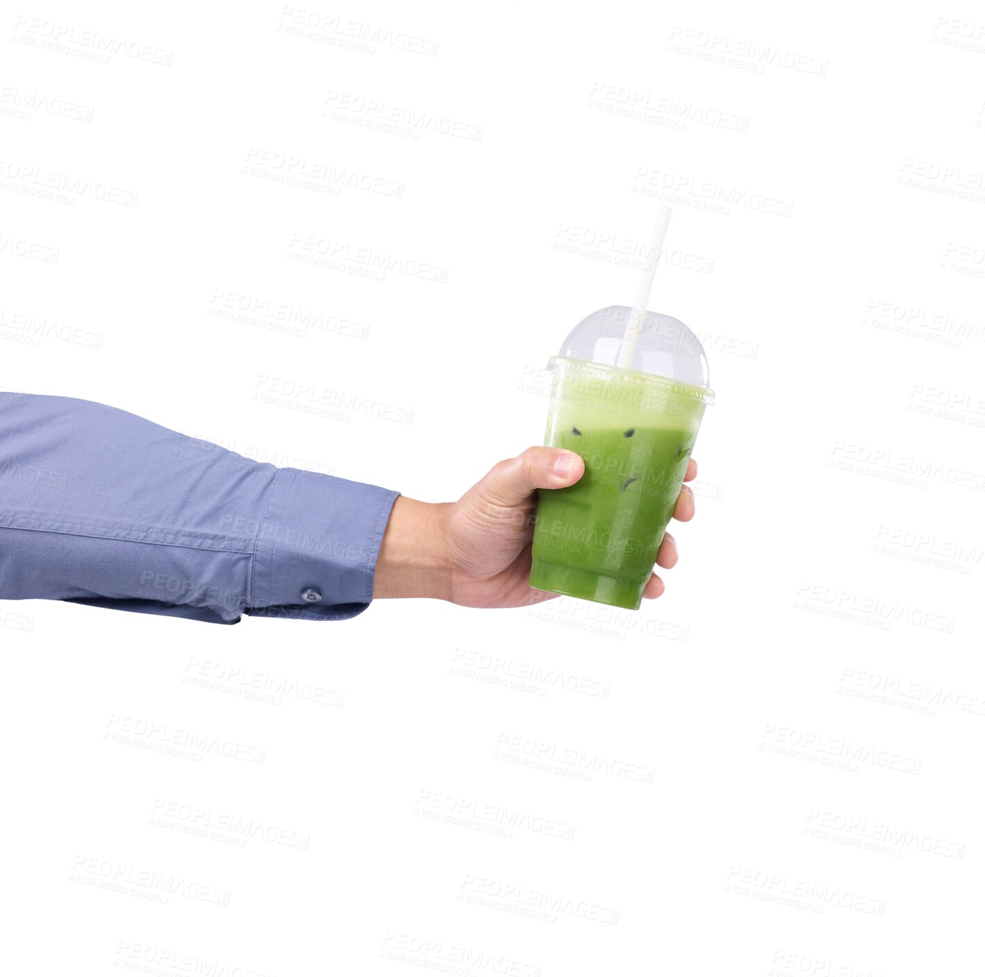 Buy stock photo Green, juice in hand and takeaway cup with plastic, healthy drink and diet isolated on png transparent background. Smoothie, detox beverage and nutrition, person with vegan lifestyle and wellness