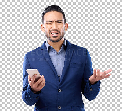 Portrait, smartphone and Asian man confused, frustrated and guy