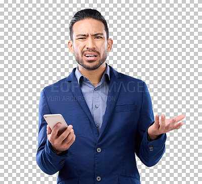 Buy stock photo Confused, frustrated and business man with phone notification, internet or mobile app. Angry asian person portrait with smartphone error, problem or fraud isolated on a transparent, png background