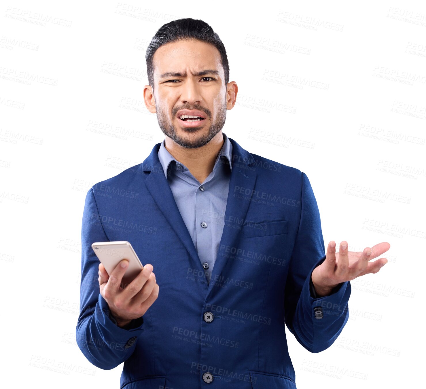 Buy stock photo Confused, frustrated and business man with phone notification, internet or mobile app. Angry asian person portrait with smartphone error, problem or fraud isolated on a transparent, png background