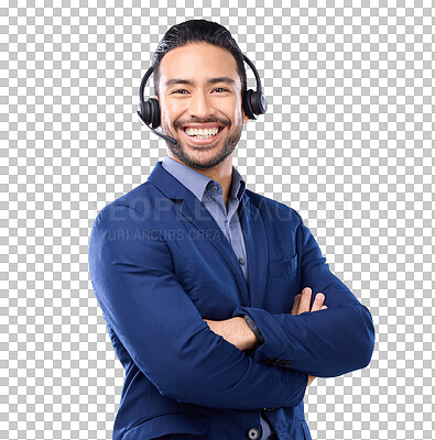 Buy stock photo Call center, portrait and man arms crossed in virtual communication, customer support and contact us. Happy agent, consultant or asian person advice or solution isolated on transparent png background