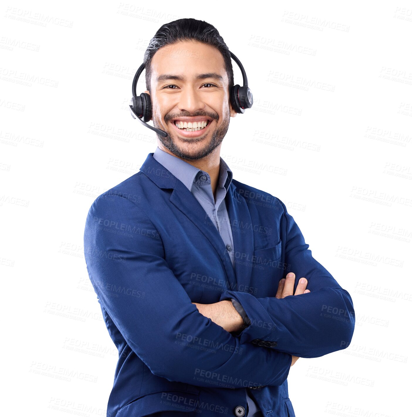 Buy stock photo Call center, portrait and man arms crossed in virtual communication, customer support and contact us. Happy agent, consultant or asian person advice or solution isolated on transparent png background