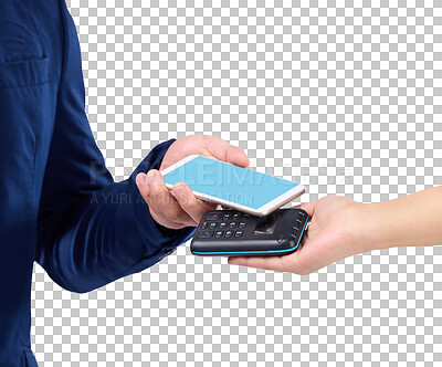 Buy stock photo Isolated hands, smartphone and pos for payment, sales and fintech by transparent png background. Customer experience, shopping and mockup space with machine for budget, banking and blank phone screen