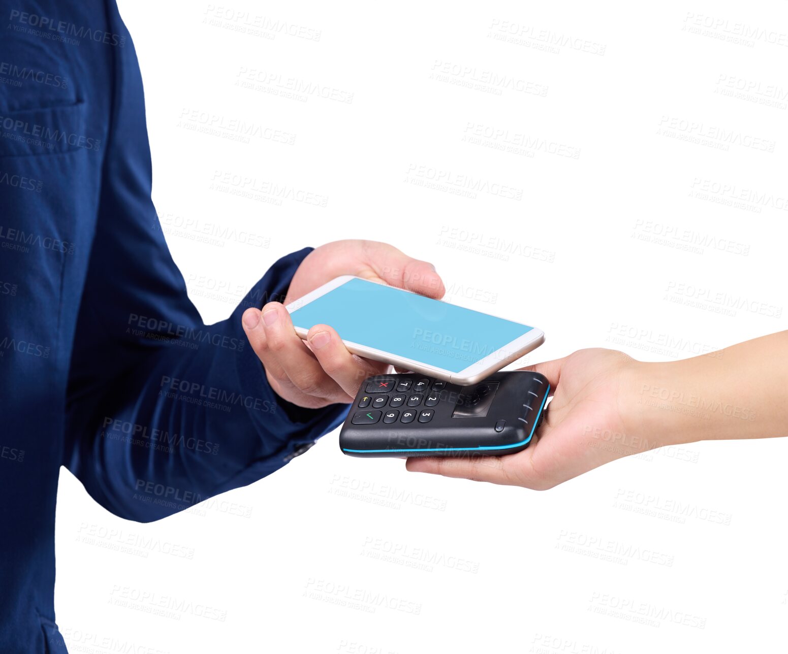 Buy stock photo Isolated hands, smartphone and pos for payment, sales and fintech by transparent png background. Customer experience, shopping and mockup space with machine for budget, banking and blank phone screen