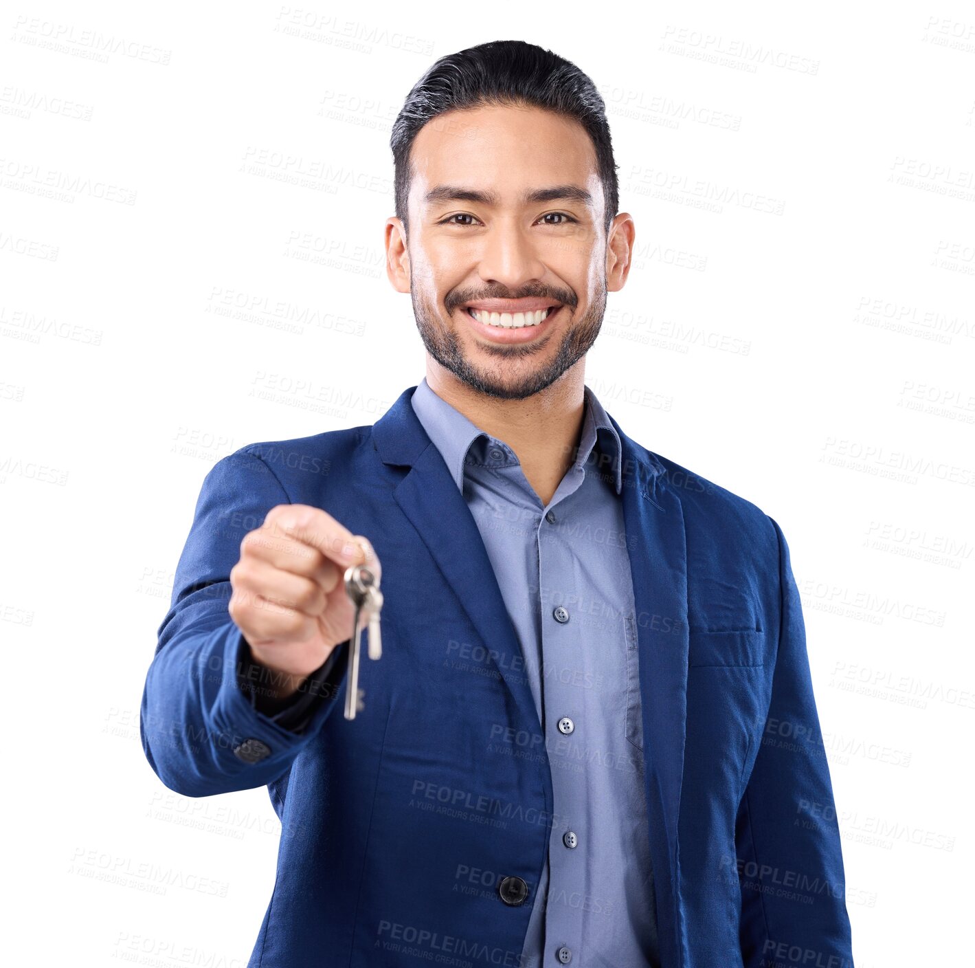 Buy stock photo Portrait, smile and keys with a realtor man isolated on a transparent background for real estate. Future, property and investment with a happy male salesman or agent on PNG for a home mortgage