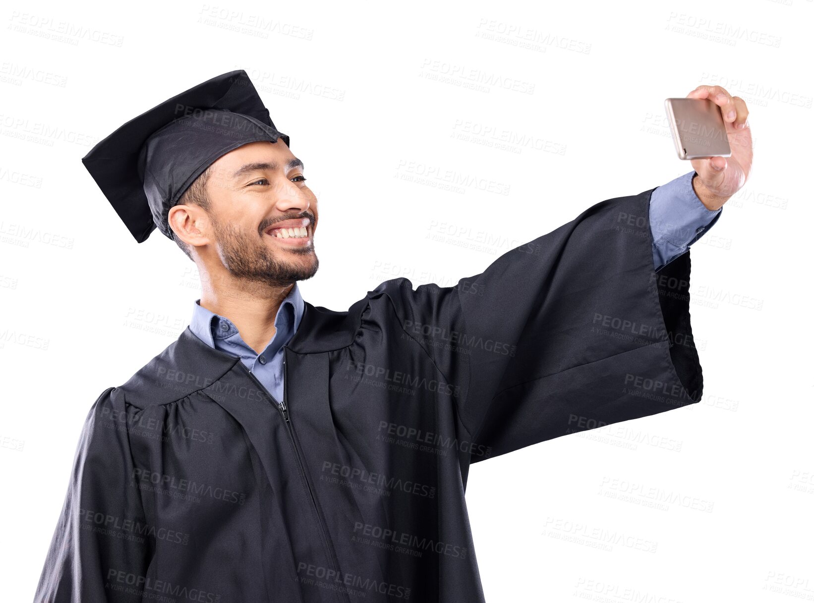 Buy stock photo Isolated graduate man, selfie and college event with smile, photography and transparent png background. Young university student, graduation and profile picture for post update on social network app