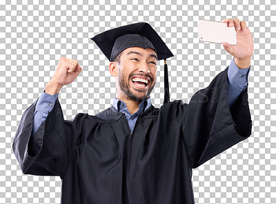 Buy stock photo Isolated graduate man, selfie and university event with smile, photography and transparent png background. Young college student, graduation and profile picture for post update on social network app